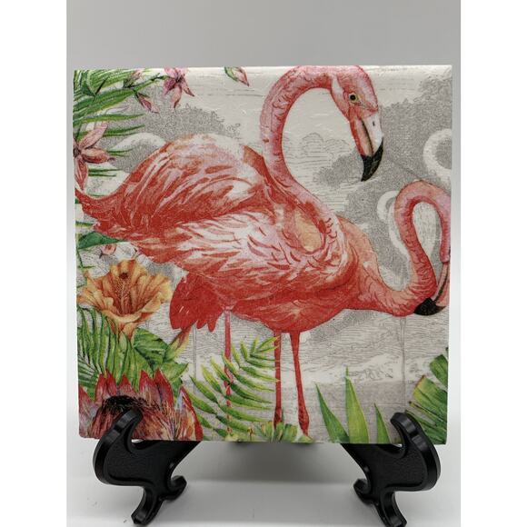 Handmade Decoupage Tile Flamingo Drink Coasters 4.25" - Picture 3 of 6